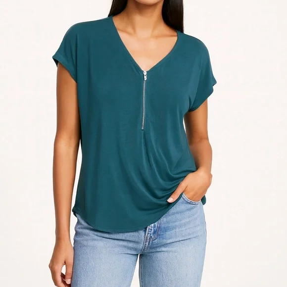 Green Envelope Los Angeles Work Top โ Womenโs Medium NWT Teal Zip Front Blouse - Picture 1 of 5
